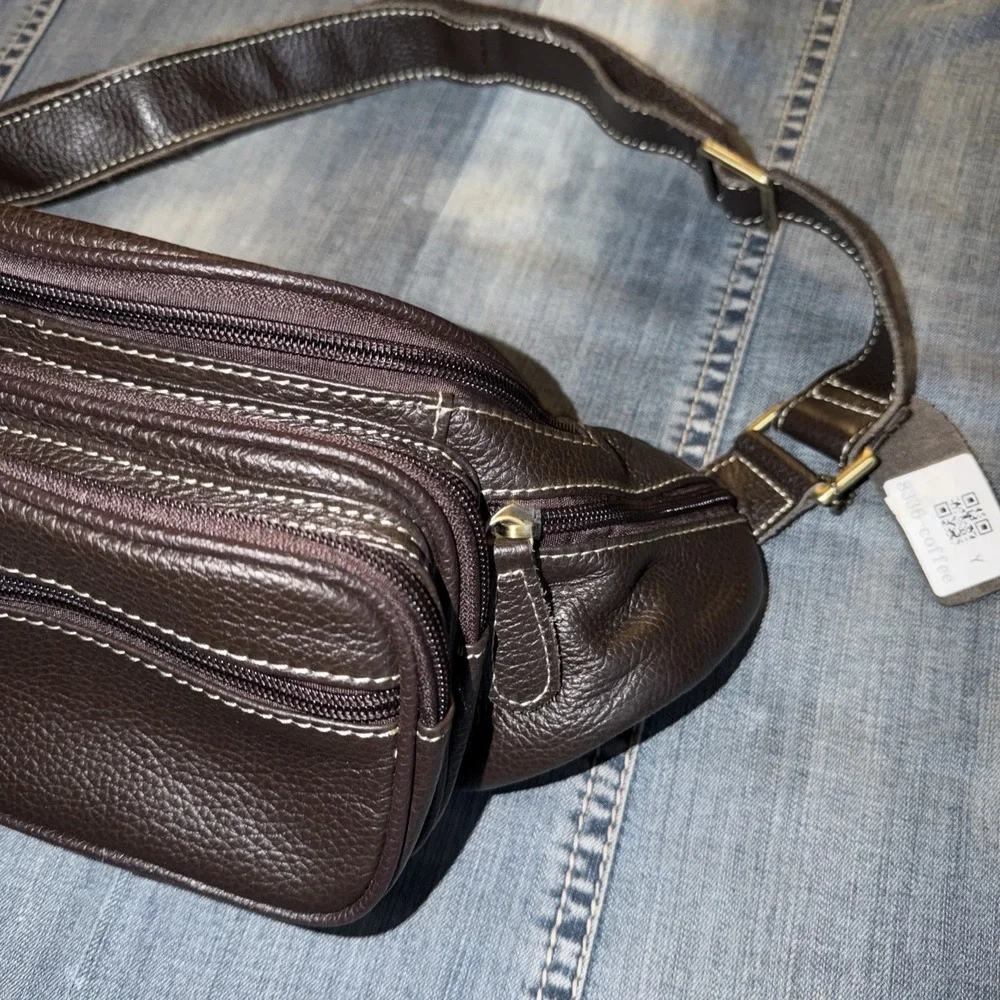 Leather Fanny Pack Waist Sack Handbag Brown Pebble Pockets Adj Strap Zip Pocket - Picture 2 of 9